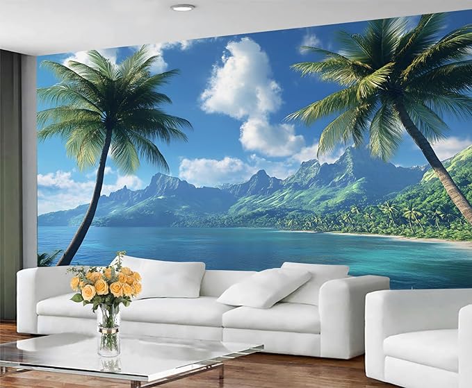 Blue Sky Sea Wall Murals, Coconut Trees Mural Wallpaper, Green Mountains Wall Decor, White Clouds Mural for Bedroom, Island Scenery Wallpaper for Living Room 157"（W） x 118"（H）