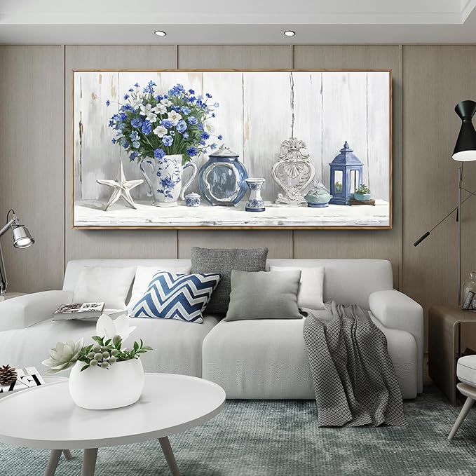 Nicetop Oversized Framed Wall Art for Living Room – Large Floral Canvas Print Blue and White Still Life Artwork Giant Shabby Chic Picture Bedroom Dining Room Office Beach Rustic Country Decor 58x29 Inch