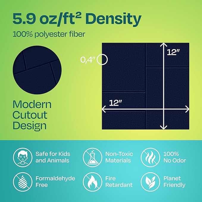 Acoustic Panels 12-Pack Soundproof Wall Panels 12"x12"x0.4" Decorative Sound Dampening for Your Home, Office, Studio, Bedroom & More with Unique GridFrame Carving [Denim Blue]
