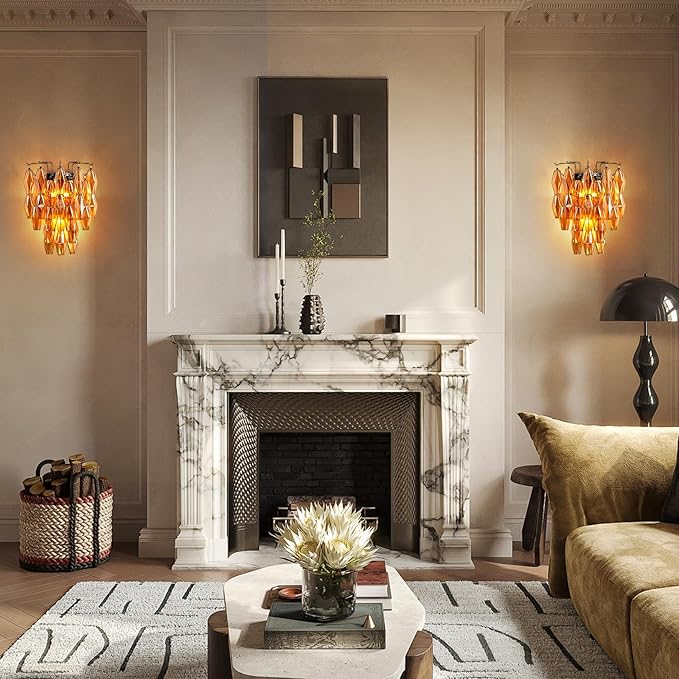 Black Wall Sconce, Modern Black Sconce Wall Lighting, Amber Glass Sconces for Bathroom, Luxury Wall Lights for Living Room, Wall Lamp for Bedroom, Vanity Light for Hallway, Staircase