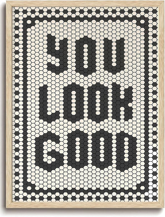 KISSFOX Western You Look So Good OAK Wood Framed Wall Art Farmhouse Geometric Typography Canvas Art Prints Rustic Hexagon Pictures Wall Decor Southwestern Artwork For Bistro Bathroom Bedroom Kitchen