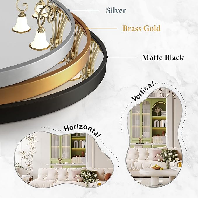 Bathroom Mirror - Silver Irregular Wall Mirrors Decorative 26"x46" Asymmetrical Tempered Glass Aviation Aluminum Alloy Frame for Vanity, Bedroom, Living Room, Cloakroom, Entryway