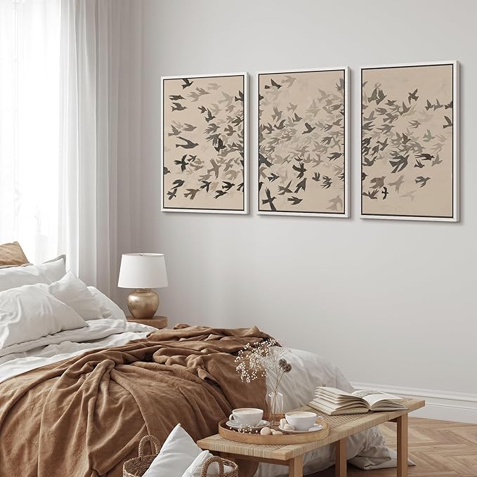 MUDECOR Framed Wall Art Print Set Minimalist Subtle Birds in Motion Illustrations Modern Art Boho Decorative Colorful Chic for Living Room, Bedroom, Office - 16"x24"x3 White