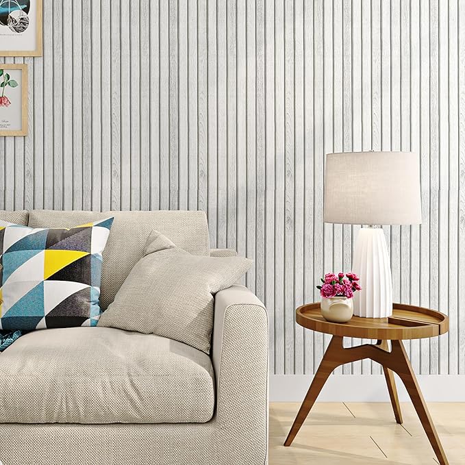 Livelynine Off White Beadboard Wallpaper Peel and Stick Faux Wood Slat Wall Paneling for Accent Wall Farmhouse Bead Boards Vinyl Prepasted Wallpaper Rolls Removable Contact Paper for Walls 15.8x78.8