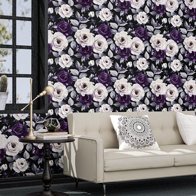 Black Foral Wallpaper Peel and Stick Purple White Rose Contact Paper 17.4" x 393", Dark Vintage Self-Adhesive Removable Flower Wall Paper for Bedroom Countertop Desk Cabinets Decor Renter Friendly