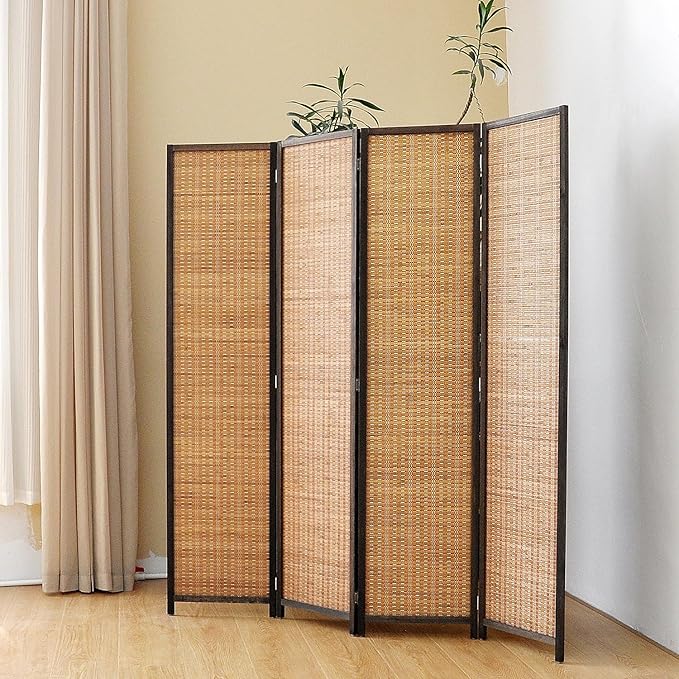 4 Panel Room Divider Screen,5.6 FT Tall Bamboo Panel Divider Folding Privacy Screen,Freestanding Room Divider for Room Seperation,Brown