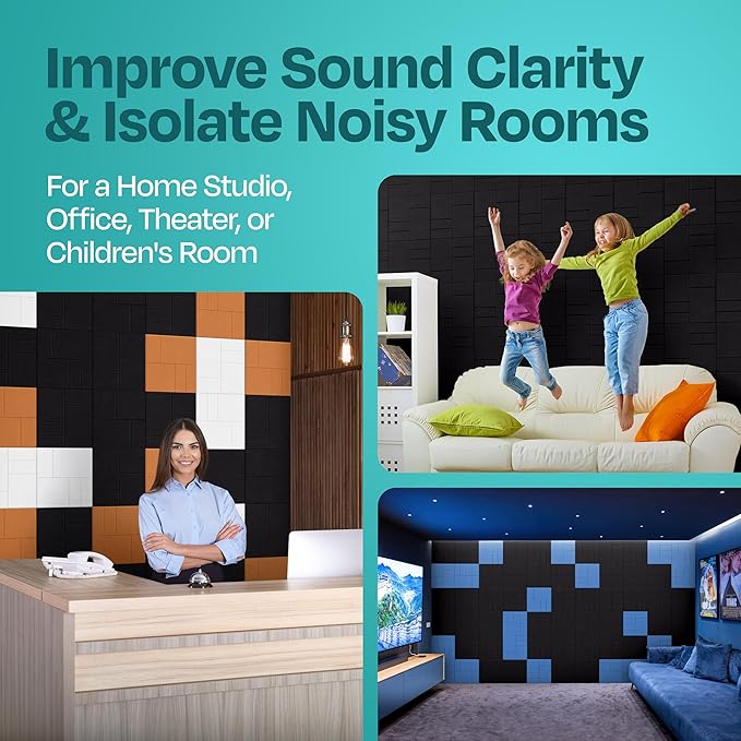 Acoustic Panels 12-Pack Soundproof Wall Panels 12"x12"x0.4" Decorative Sound Dampening for Your Home, Office, Studio, Bedroom & More with Unique GridFrame Carving [Deep Black]