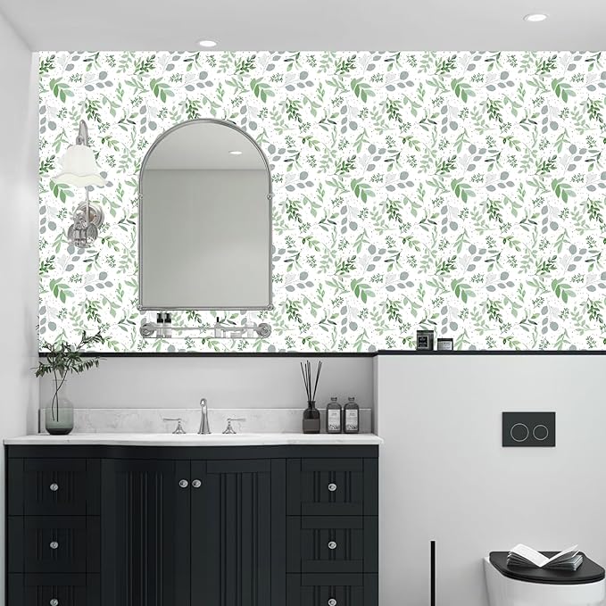 Modern Sage Green Leaf Peel and Stick Wallpaper Boho Botanical Eucalyptus Removable Leaf Floral Contact Paper Self Adhesive Vinyl Wallpaper for Cabinets Farmhouse Bedroom and Bathroom 17.5" x 118"