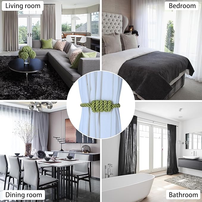 BEL AVENIR Magnetic Curtain Tiebacks, Decorative Drapery Holdbacks Modern Woven Tie-Backs with Exquisite Knot (Green, 6 Pack)