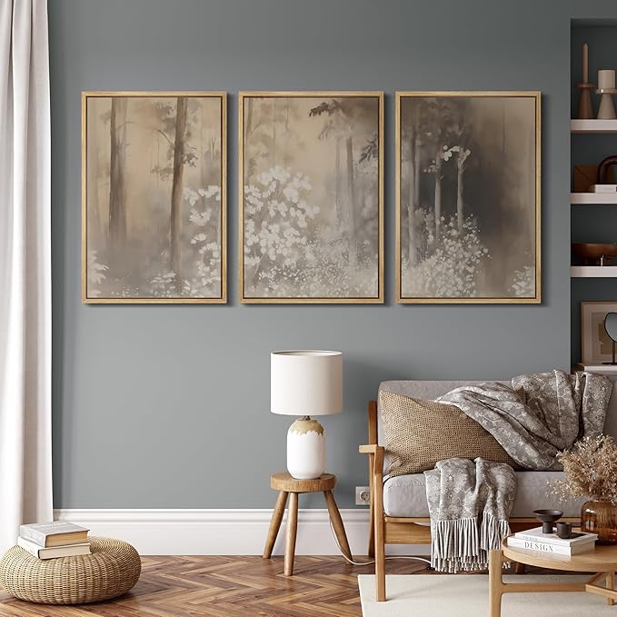 MUDECOR Framed Wall Art Print Set Neutral Forest Landscape Beige and Gray Watercolor Illustrations Realism Decorative for Living Room, Bedroom, Office - 16"x24"x3 Natural