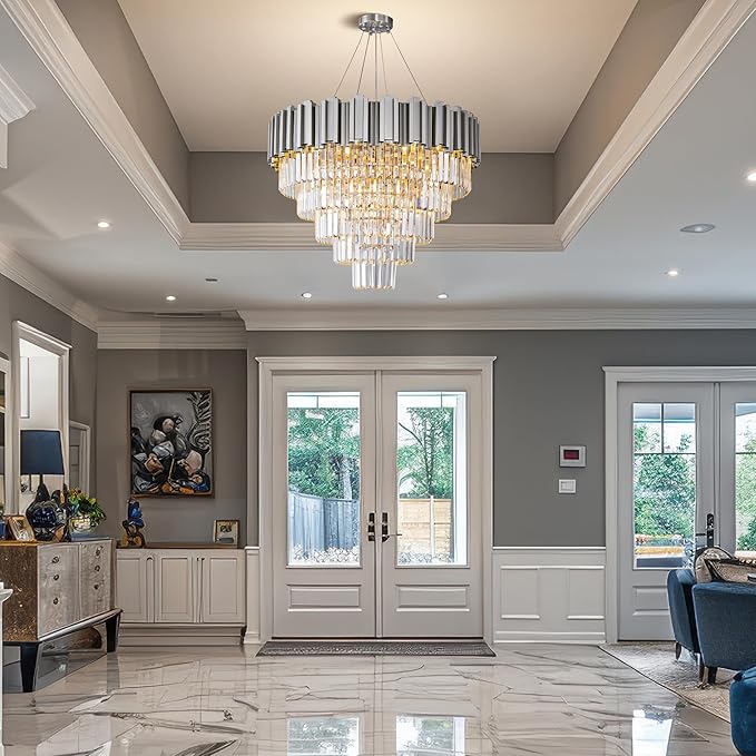 5-Tier 27.5" Silver Chandelier, 9-Light Modern Crystal Chandelier, Luxury Round K9 Crystal Chandeliers Light Fixture for Dining Room, Living Room, Bedroom, Foyer, Entryway, Kitchen, Restaurant