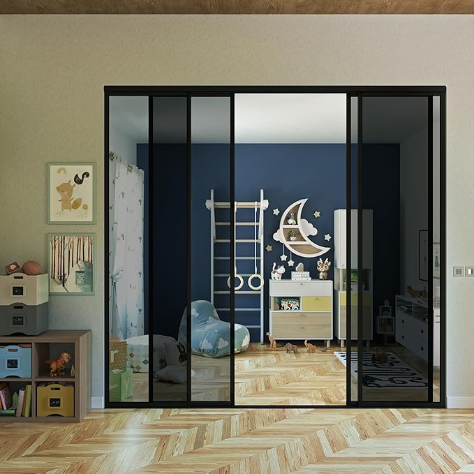 4 Panel Glass Room Divider and Sliding Glass Closet Doors - Smoked Frosted Partition Wall - Clear, Smoked and Frosted Glass Sliding Doors Options (Lite Smoked Glass, 120x80)