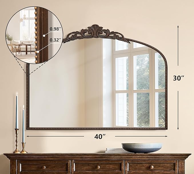 Micasso Large Bronze Vintage Mirror: 40"x 30" French Baroque Antique Mirror - Traditional Ornate Decorative Wall Mounted Arched Mirrors for Wall/Mantel/Entryway/Hallway - Home Decor for Living Room