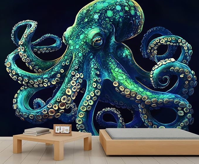 Blue-Green Octopus Wall Murals, Tentacles Mural Wallpaper, Marine Life Wall Decor, Fantasy Ocean Mural for Bedroom, Octopus Wallpaper for Living Room 98"（W） x 78"（H）