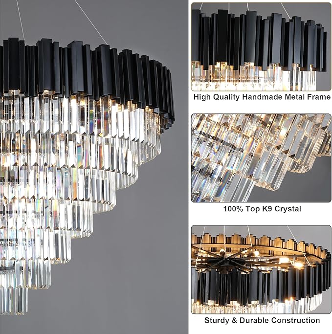 7-Tier 39" Black Chandelier, 21-Light Modern Crystal Chandelier, Luxury Round K9 Crystal Chandeliers Pendant Light Fixture for Dining Room, Living Room, Bedroom, Foyer, Entryway, Kitchen, Restaurant