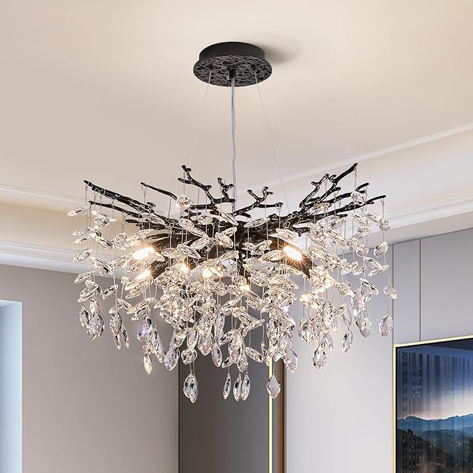 Modern Tree Branch Crystal Chandelier Luxury Blacl Crystal Pendant Lighting 23.6" Contemporary 8-Light Chandeliers for Dining Room Kitchen Bedroom Living Room