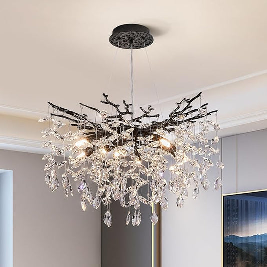 Modern Tree Branch Crystal Chandelier Luxury Blacl Crystal Pendant Lighting 23.6" Contemporary 8-Light Chandeliers for Dining Room Kitchen Bedroom Living Room