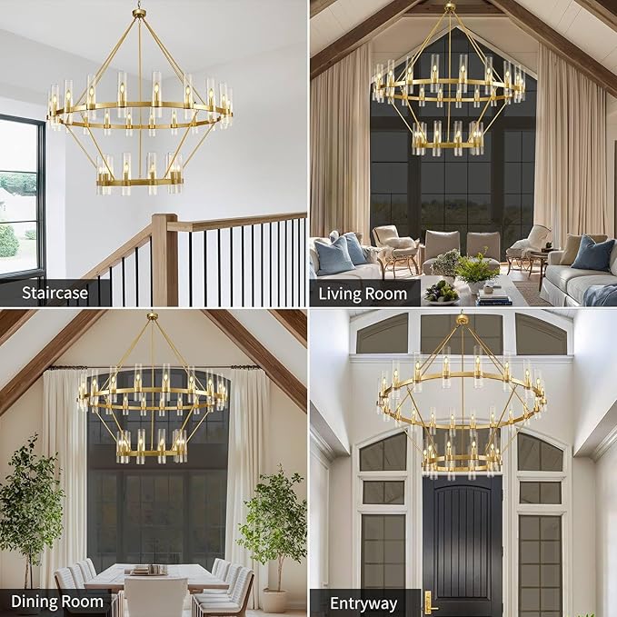 2 Tier Gold Wagon Wheel Chandelier, 60 Inch Farmhouse Chandelier with Glass Tube, 30-Light Large Round Chandeliers for Dining Room, Living Room, Bedroom and Entryway