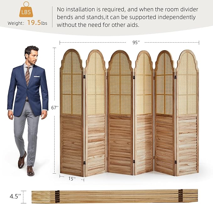 6 Panel Rattan Room Divider, 6 FT Tall Portable Partition Solid Wood Frame Folding Privacy Screen, Partition Room Divider Ideal for Bedroom Living Room Office, Light Brown