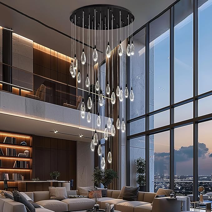 189" Luxury Long Crystal Chandelier, 43-Light Modern Black Raindrop Staircase Chandelier, Contemporary 4000K Dimmable Flush Mount Light Fixture for Foyer, Entryway, Living Room, High Ceilings
