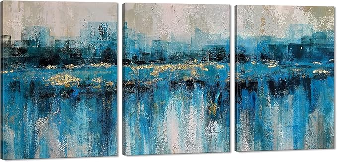 MAMAGO Abstract Wall Art Blue Gold City Landscape Canvas Print Picture for Modern Home Office Wall Artwork Framed Easy to Hang-20”W x 28”Hx3pcs
