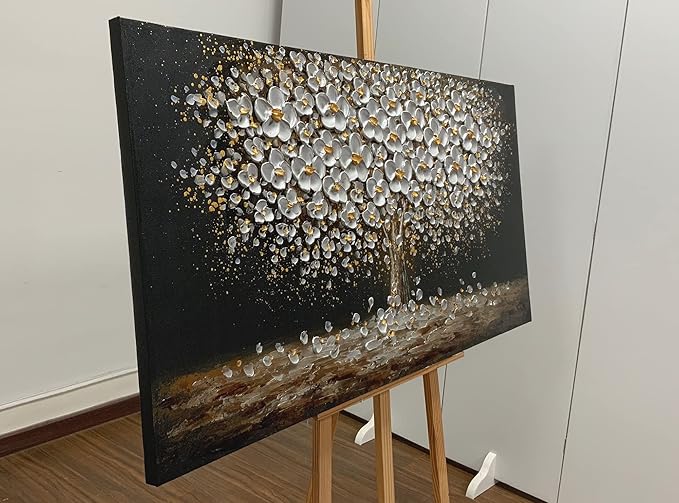 Art8YuQi Paintings - Contemporary Abstract Art Oil Painting On Canvas Texture 3D Silver Tree Gary Painting Handmade Artwork Picture Canvas Wall Art Modern Home Decor living room Ready to Hang