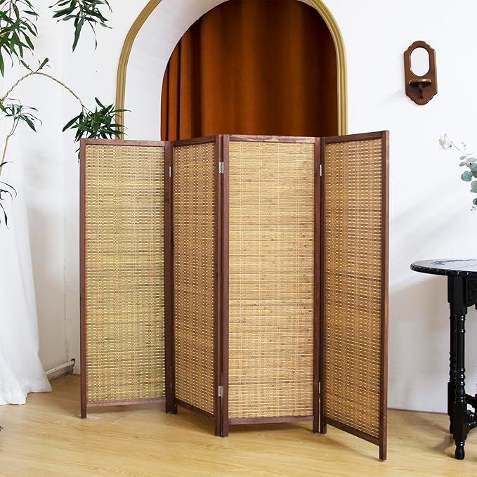 4 Panel Short Panel Divider Screen,3.95 FT Tall Bamboo Room Divider Folding Privacy Screen,Short Panel Divider Freestanding Room Divider for Room Seperation,Brown
