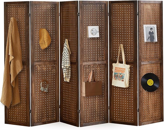 6 Panel Pegboard Display with 24 Hooks,Partition Room dividers, Wooden Room Divider Wall and Folding Privacy Screens, Pegboard Room Divider, Bedroom, Balcony, Dark Brown
