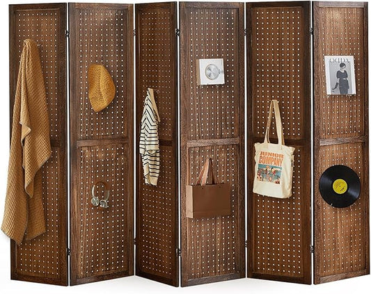 6 Panel Pegboard Display with 24 Hooks,Partition Room dividers, Wooden Room Divider Wall and Folding Privacy Screens, Pegboard Room Divider, Bedroom, Balcony, Dark Brown