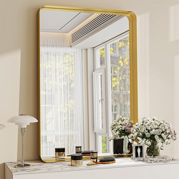 Bathroom Mirror Vanity for Over Sink Wall Mirror - 24x32 Inch Rounded Corner Rectangle Aluminum Frame Mirror,Hangs Horizontally or Vertically for Living Room Bedroom or Entryway Gold