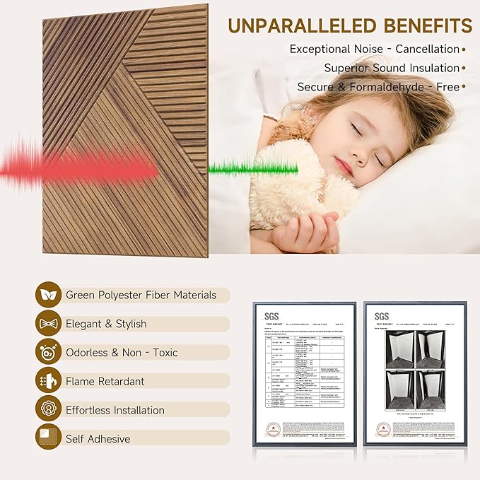 Acoustic Wall Panels,6 Pack Total Size 72 x 48 Inches,Self-Adhesive Decorative Acoustic Panels for Wall and Ceiling,3D UV Printing with Wood Look,Beech