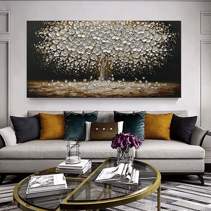 ART8YUQI Paintings - Abstract Art Oil Painting on Canvas Texture 3D Silver Tree Gary Painting Handmade Artwork Canvas
