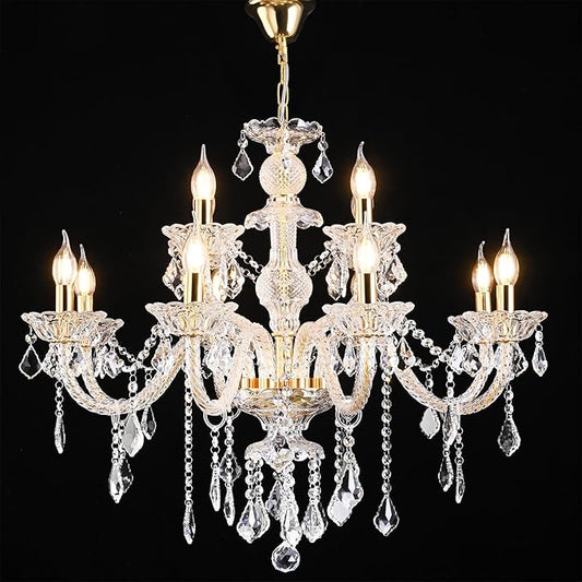 Contemporary Crystal Chandelier 12 Lights Clear Crystal Ceiling Lights for Living Room，E12 Base Double Layered Pendant Light Fixture for Dining Room Staircase, Hallway