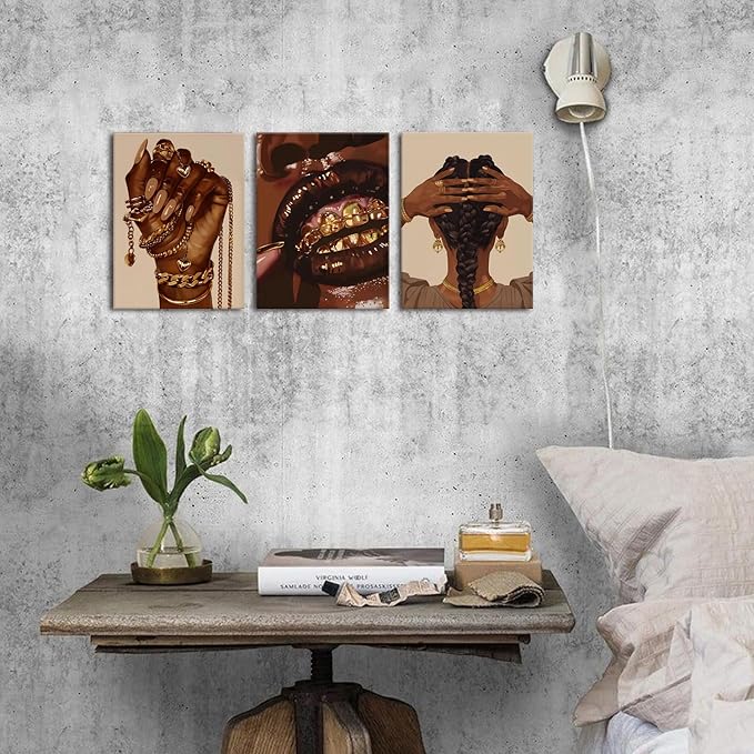 Black Women Wall Art Glitter Gold Jewelry Picture for Girls Bedroom Bathroom Wall Decor Luxury Abstract Fashion African American Female Poster Hip Hop Artwork Living Room Home Decoration 12x16" 3P