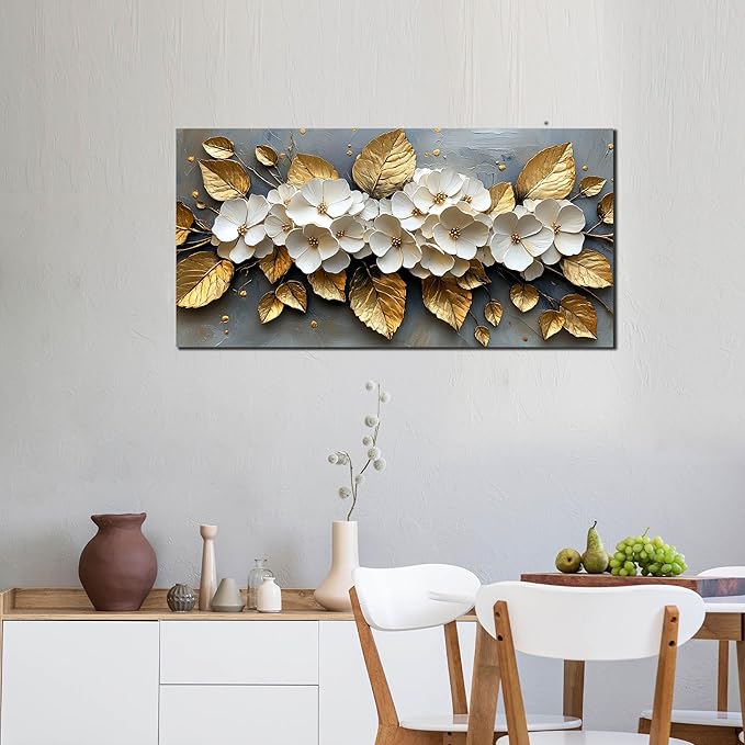 CANEITO Flower Wall Art for Living Room, White Plum Blossom and Golden Leaves Wall-Decor for Bedroom, Natural Canvas Prints Pictures for Hallway Office, Size 40x20 Inches