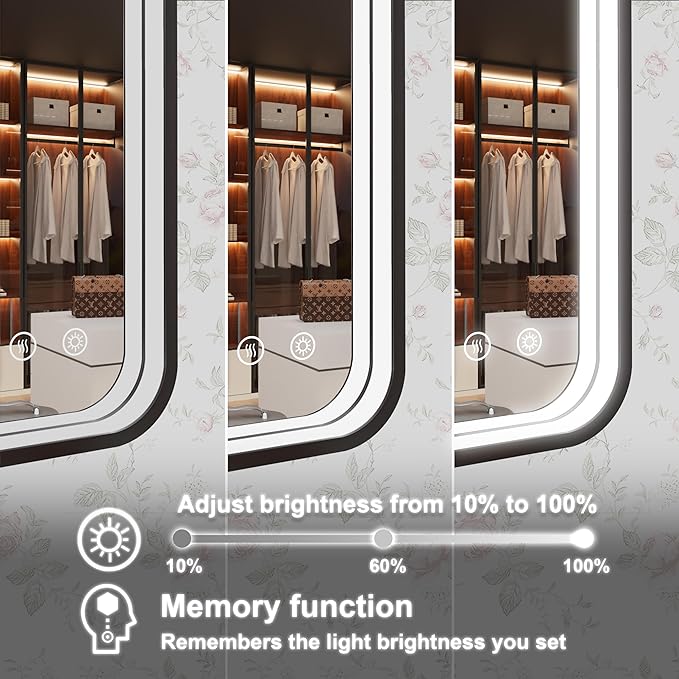 30x36 Inch Black LED Mirror for Bathroom with Lights, Framed Lighted Bathroom Vanity Mirrors, Wall Mounted, Stepless Dimmable, Anti-Fog, Memory Funtion, Horizontal or Vertical