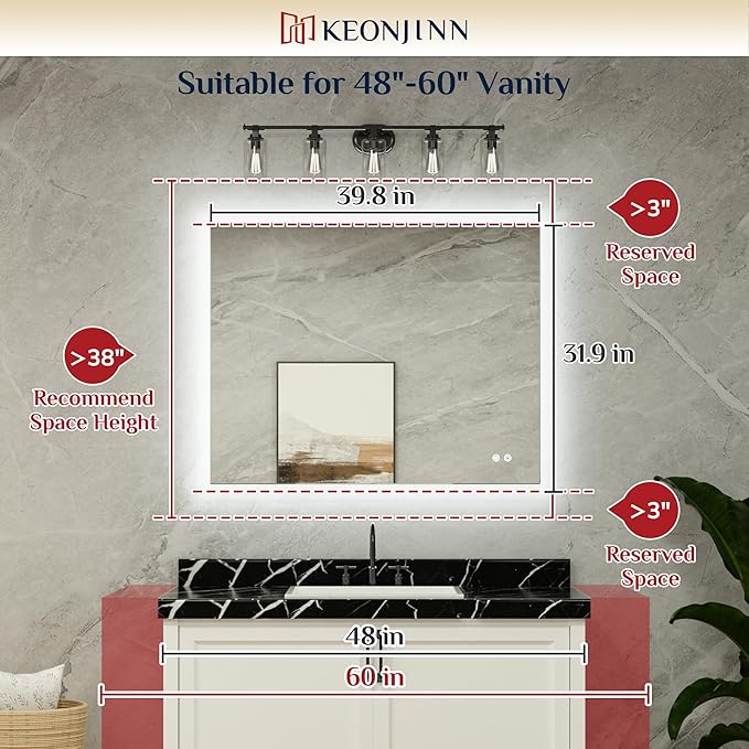 Keonjinn Backlit Mirror 40 x 32 Inch LED Mirror Bathroom Vanity Mirror with Lights 3-Color Warm/Natural/White High Lumens 6418LM, Anti-Fog Wall Mounted Dimmable Lighted Makeup Mirror