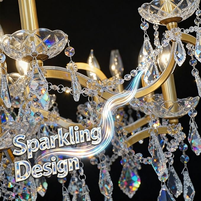 Antique Gold Crystal Chandeliers, Candle Pendant Ceiling Light Fixture 8-Lights Luxury Polished Golden Bronze Crystal Chandelier Adjustable Chain for Dining Living Room Foyer Hallway