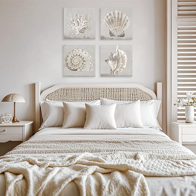 JAPO ART White Sea Shells Pictures Coastal Beach Canvas Wall Art Picture Vintage Seashell Giclee Print on Canvas Stretched for Living Room Bedroom Wall (White shells Eva Watts, 12x12Inchx4pcs)