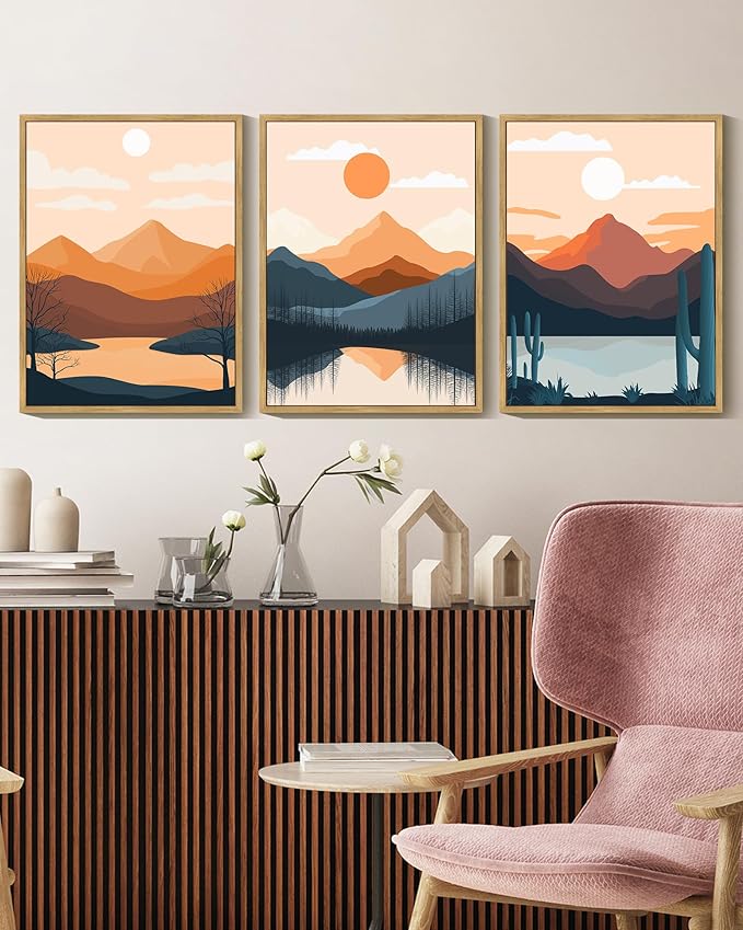 KUVIOKE Watercolor Landscape Framed Wall Art Nature Mountain Painting Sun Rises Boho Farmhouse Rustic Home Decor 12x16in (Natural Framed)