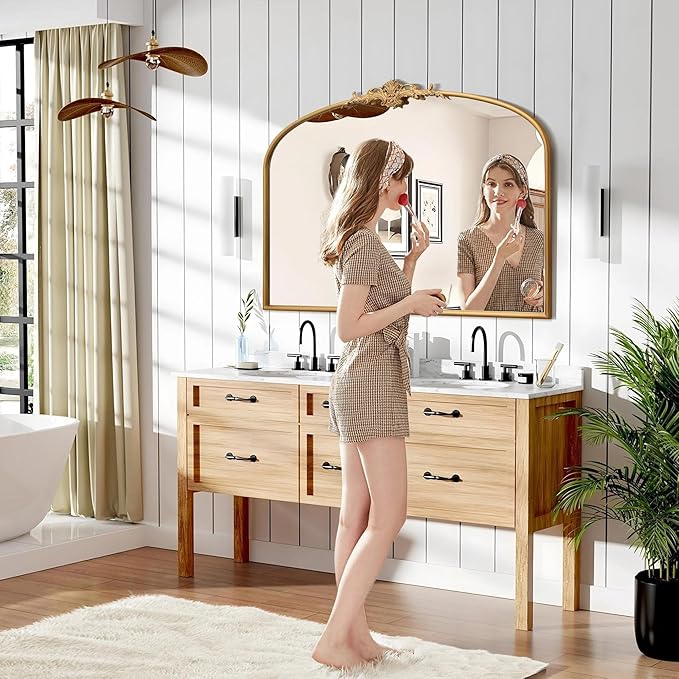 Antique Arched Gold Mirror: 40"x30" Large Gleaming Gold Vintage Wall Mounted Mirror - Baroque Traditional Ornate for Fireplace/Bathroom/Living Room - Home Decor for Homemakers