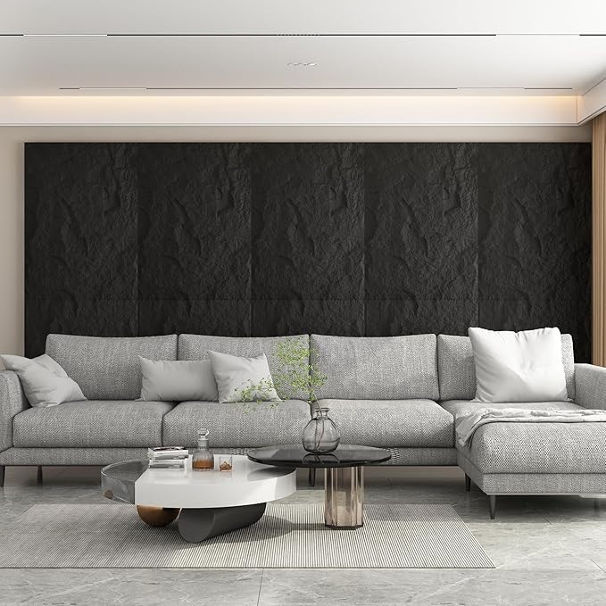OUZUGIE 4 PCS Faux Stone Wall Panel 47.2’’ x 23.6’’ Interior Exterior Wall Decor 3D PU Panel with Lava Stone Design Black