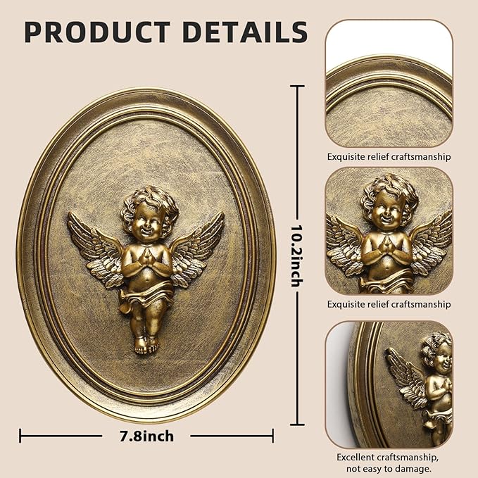 Newinhome Vintage Cherub Wall Sculptures Set of 2 Antique Wall Decor Oval Aesthetic Room Decor Vintage Decoration for Living Room Hallway and Bedroom (Gold Cherubs)