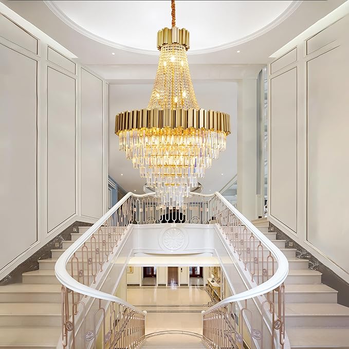 54" Long Crystal Chandelier for High Ceilings, 21-Light Modern Gold Large Chandeliers for Staircase, Foyer, Entryway, Living Room, Hallway, Luxury Top K9 Crystal Tiered Ceiling Light Fixture
