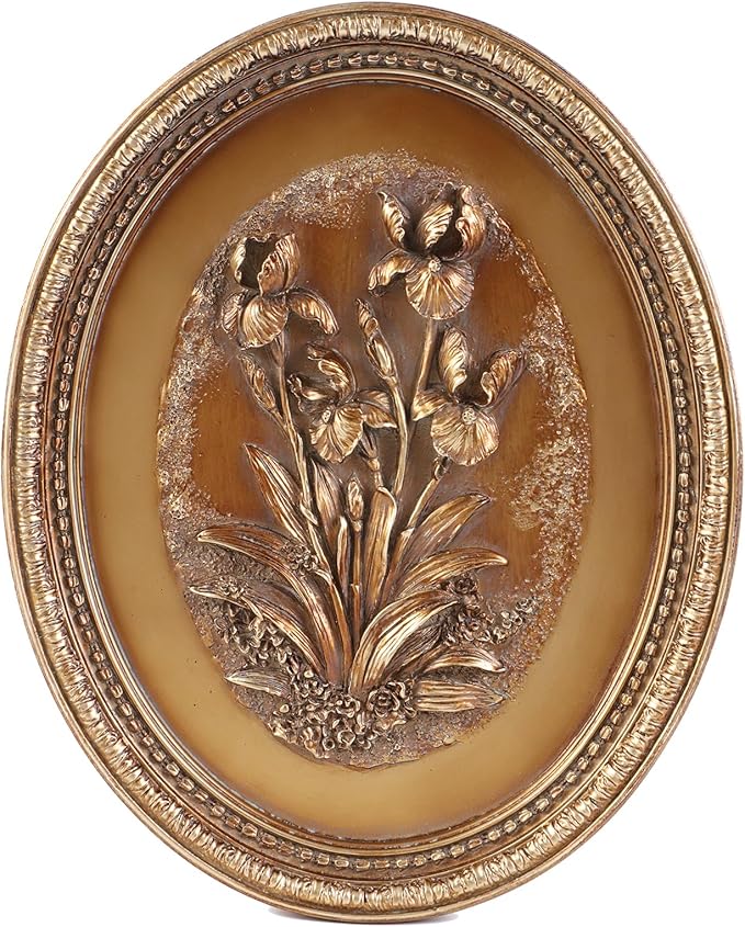 Kangce Vintage Wall Sculptures,Antique Wall Art with Hand-Carved Iris Pattern, Victorian Home Decor,for Living Room, Bedroom,Hallway Gallery,Oval,Bronze