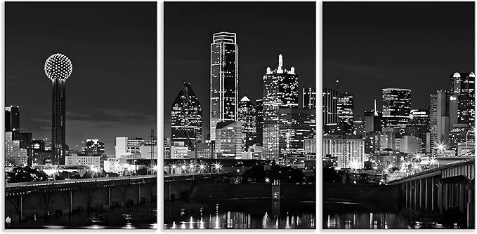 NAN Wind 3 Pcs Dallas Skyline Canvas Wall Art Black and White Cityscape Night Scene Modern City Giclee Prints on Canvas Framed Urban Home Decor Skyscrapers Picture Painting for Room Decor