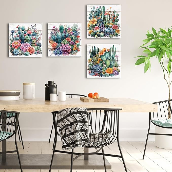 Cactus Wall Decor Bathroom Watercolor Succulent Wall Art Colorful Tropical Plant Flower Picture Boho Country Mexican Botanical Canvas Prints Artwork for Living Room Bedroom Home Decorations 12x12" 4P
