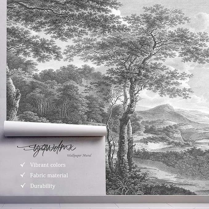 -Vintage Forest Fabric Wallpaper Grey Tree Mural Living Room 100" x 65" (Not Peel and Stick)