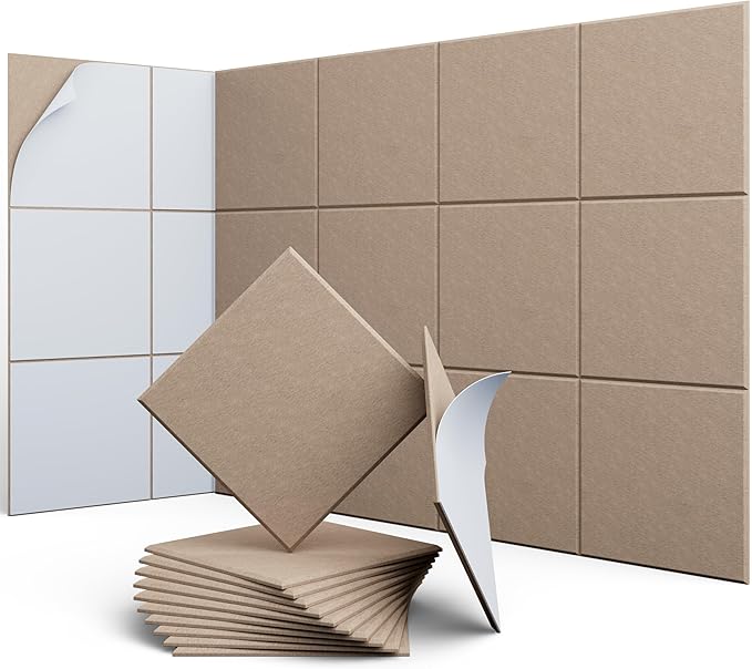 12 Pack 12" X 12" X 0.4" Acoustic Panels for Wall Sound Absorbing,Square Self-Adhesive Sound Panels, High Density Suitable for Multiple Scenarios(Dark Camel)