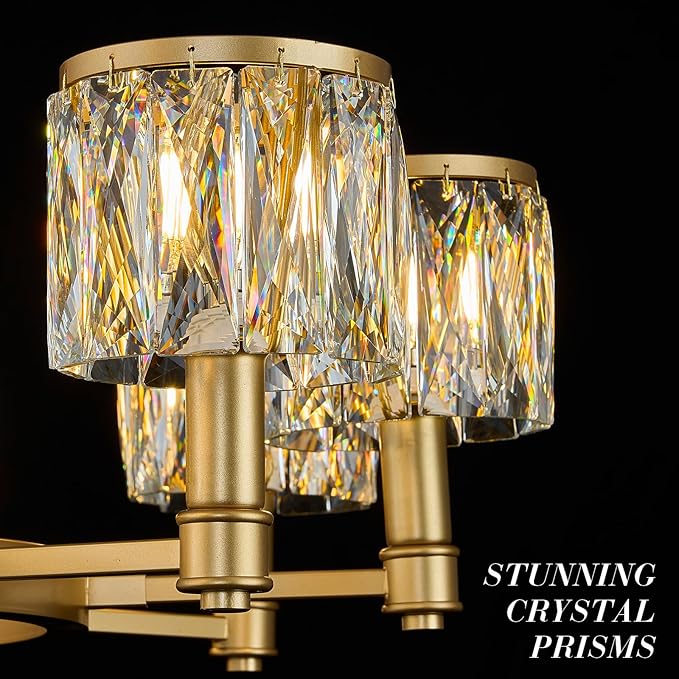 10-Light Crystal Glass Chandelier Round 38" Gold Wagon Wheel Chandelier Modern Crystal Entry Light Fixture with Adjustable Chain for Dining Room Foyer Bedroom